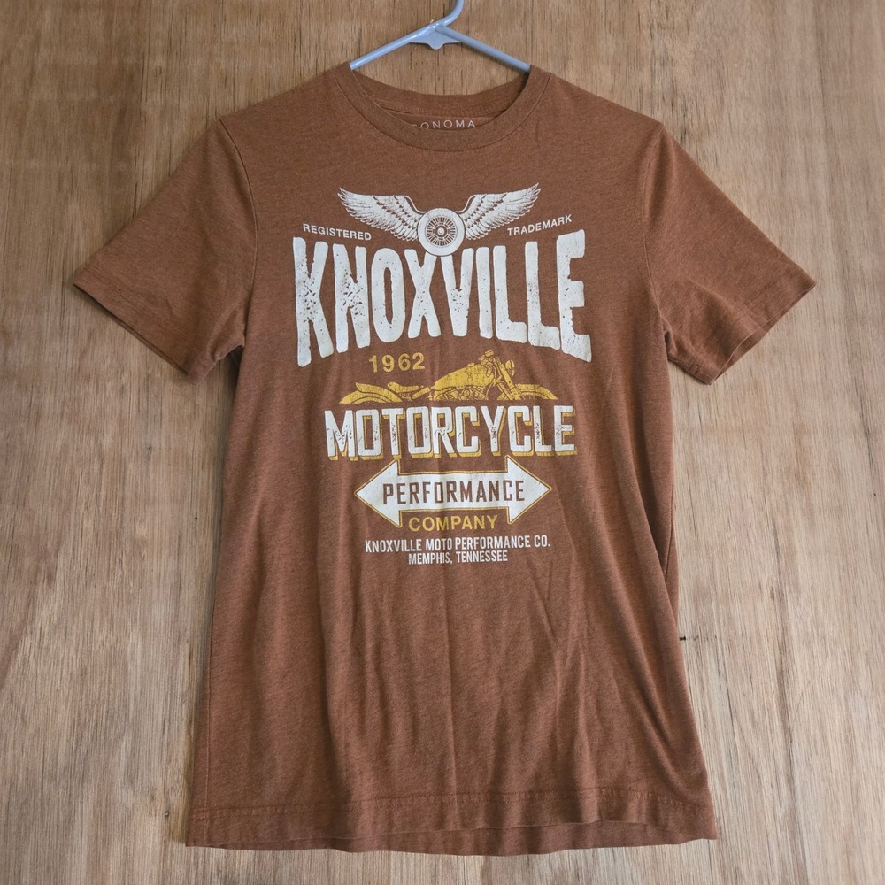 Mens Knoxville Motorcycle Graphic T-Shirt Brown Rust Size Small Biker Streetwear